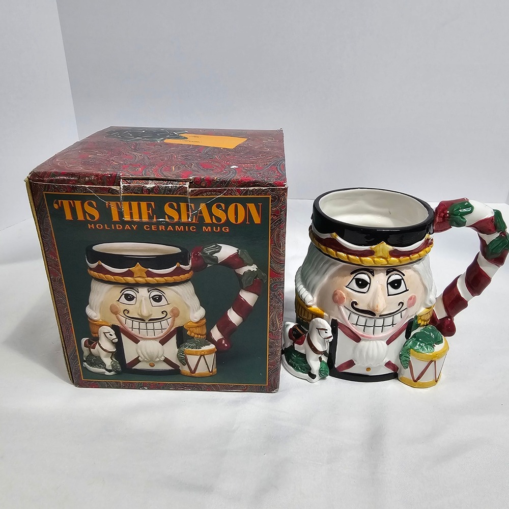 Tis The Season Holiday Nutcracker Ceramic Mug Candy Cane Handle Christmas Boxed